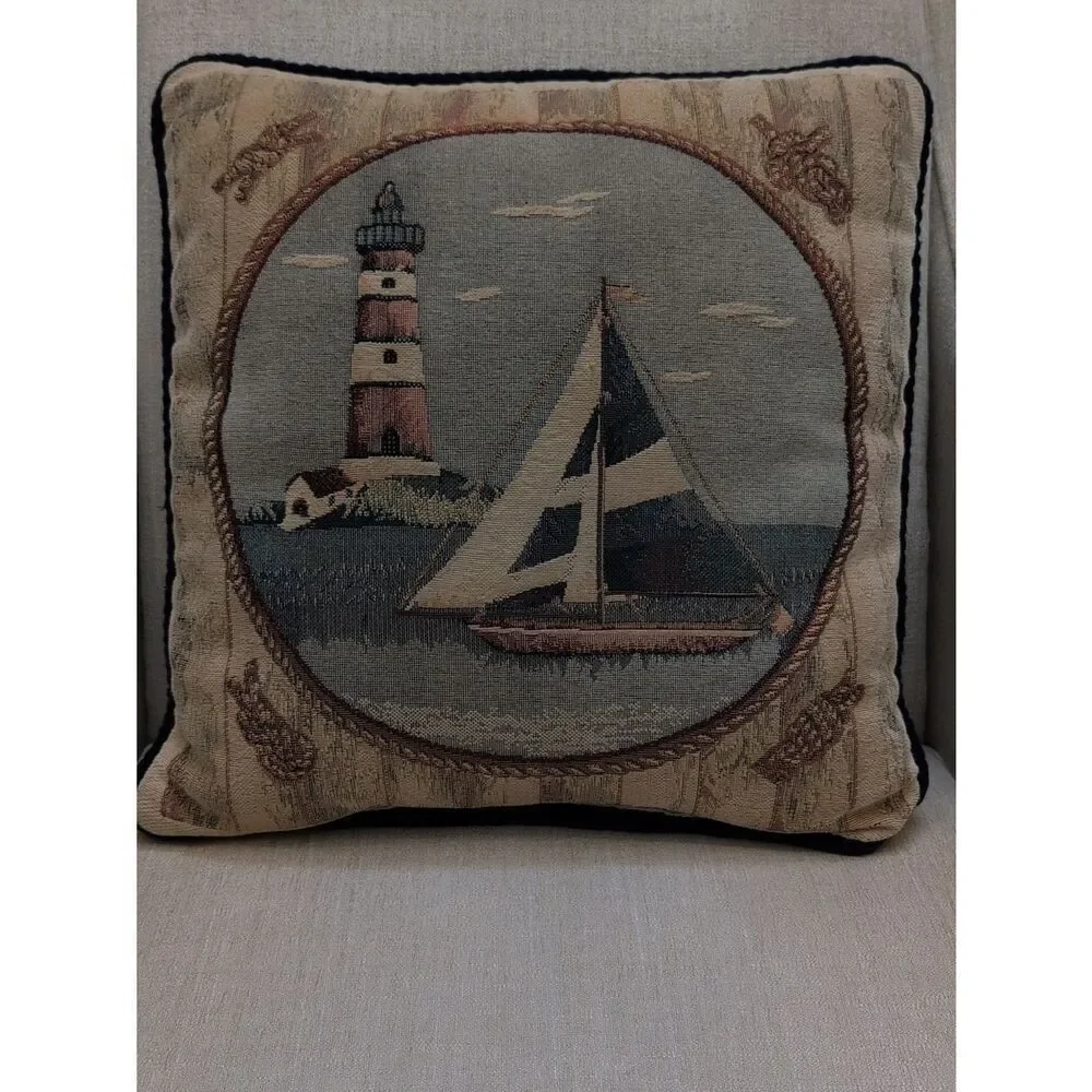 Nautical Tapestry Accent Pillow Vintage Lighthouse Sailboat Decor